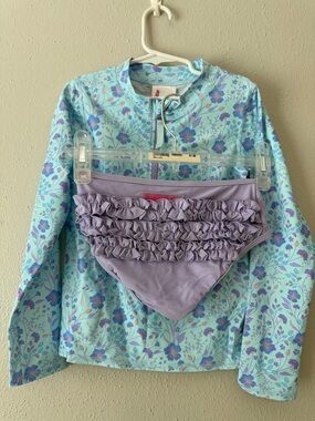 Ruffle Butts Aqua Floral Long-Sleeve Rash Guard with Lavender Trim